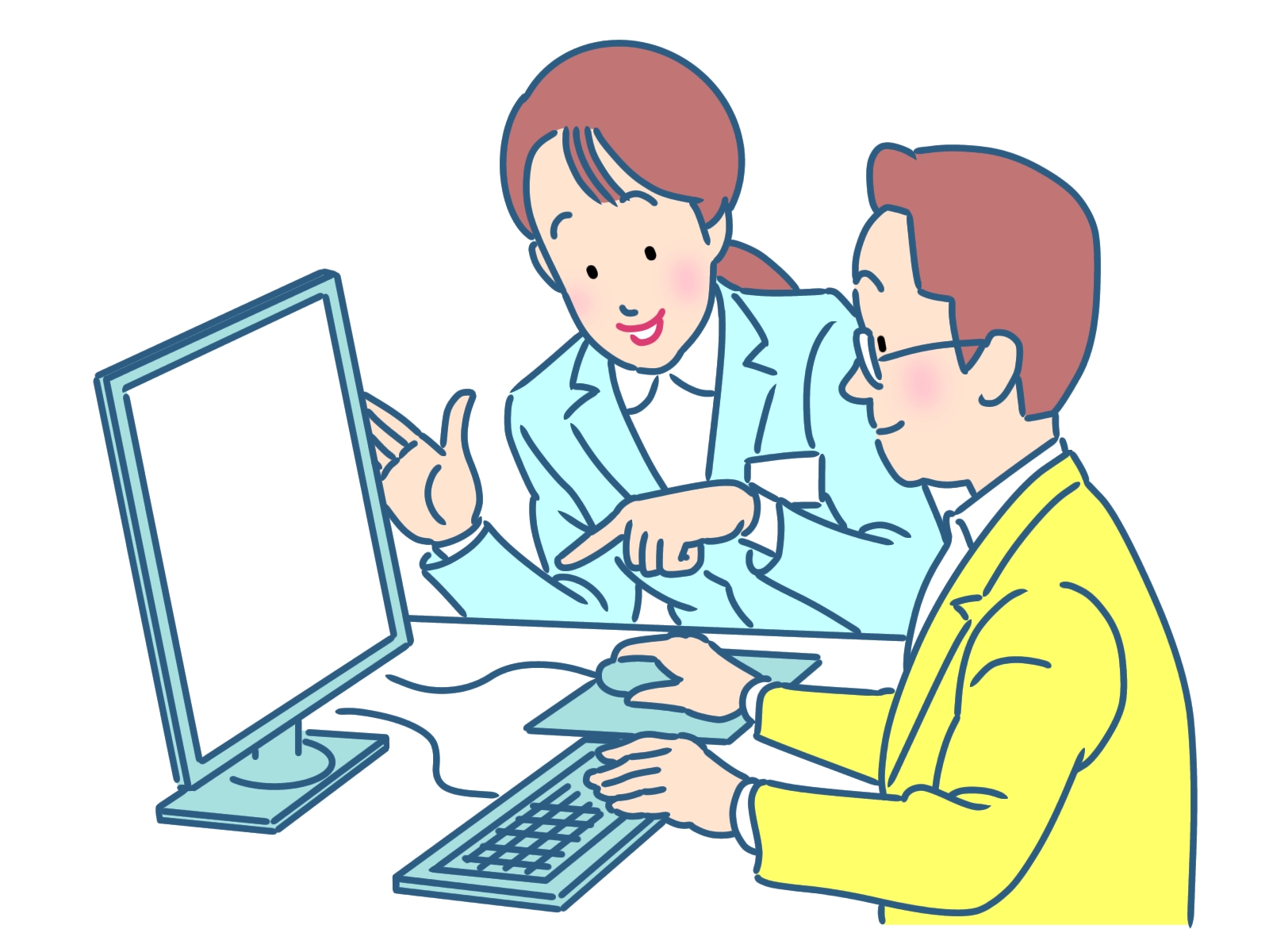 生徒にパソコンを教えている先生の絵