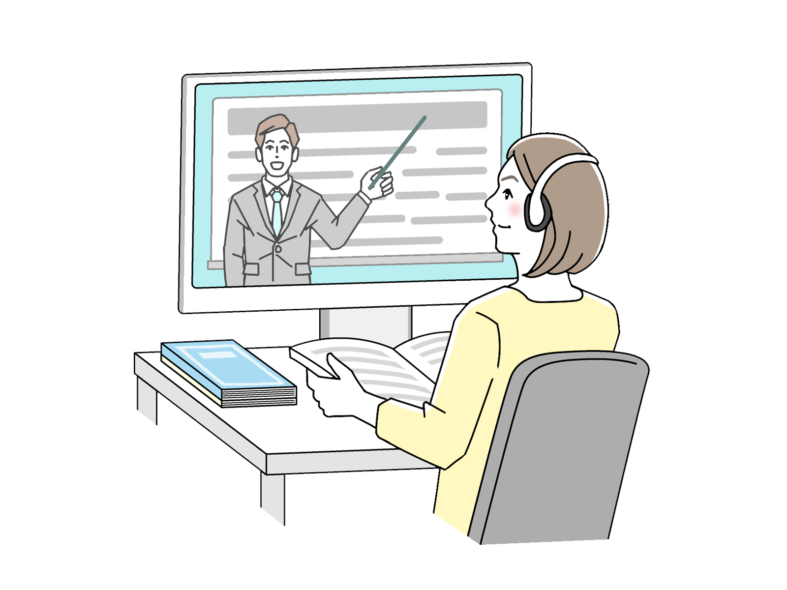オンラインでデザインの勉強をしている女性の絵