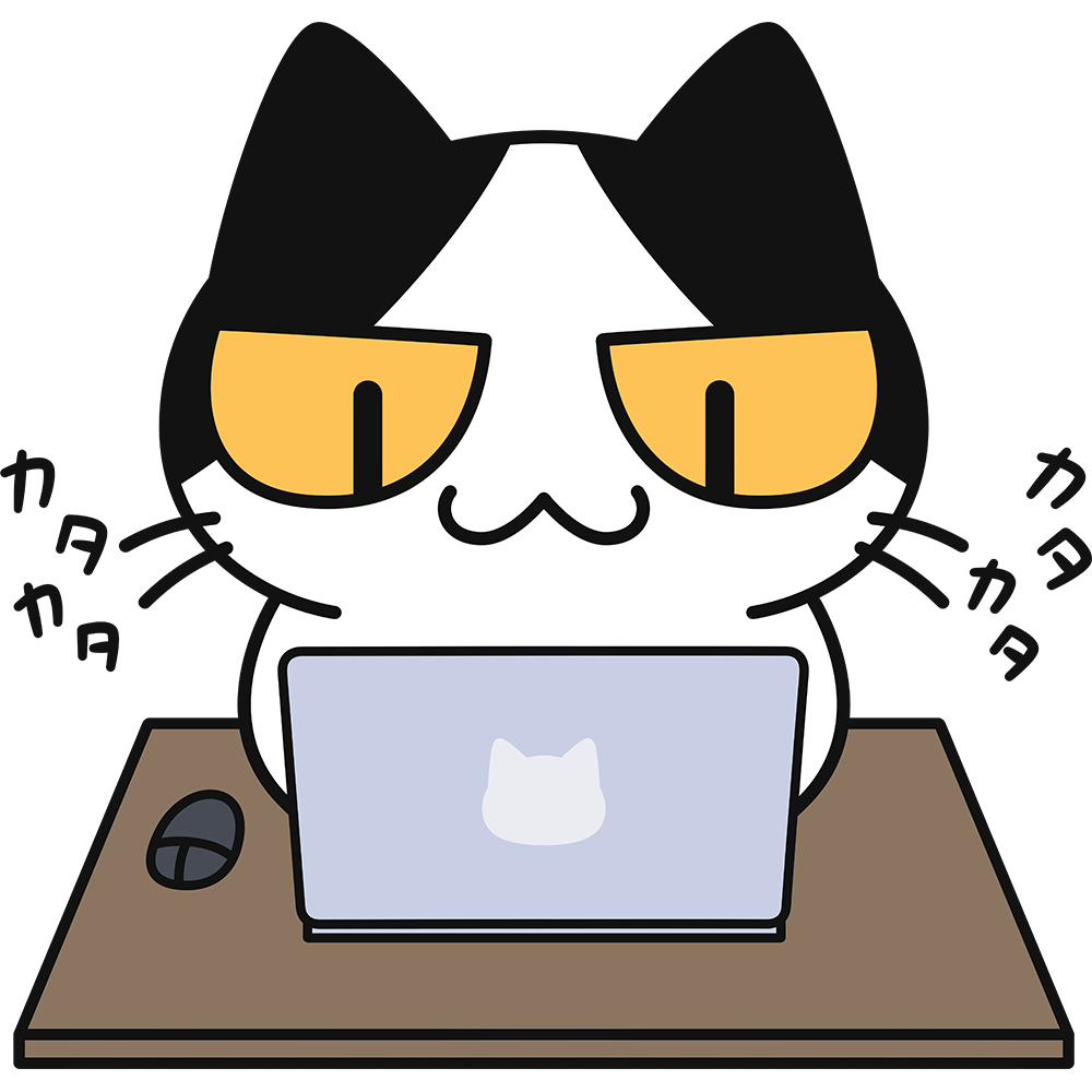 パソコンでデザインの練習をしている猫の絵