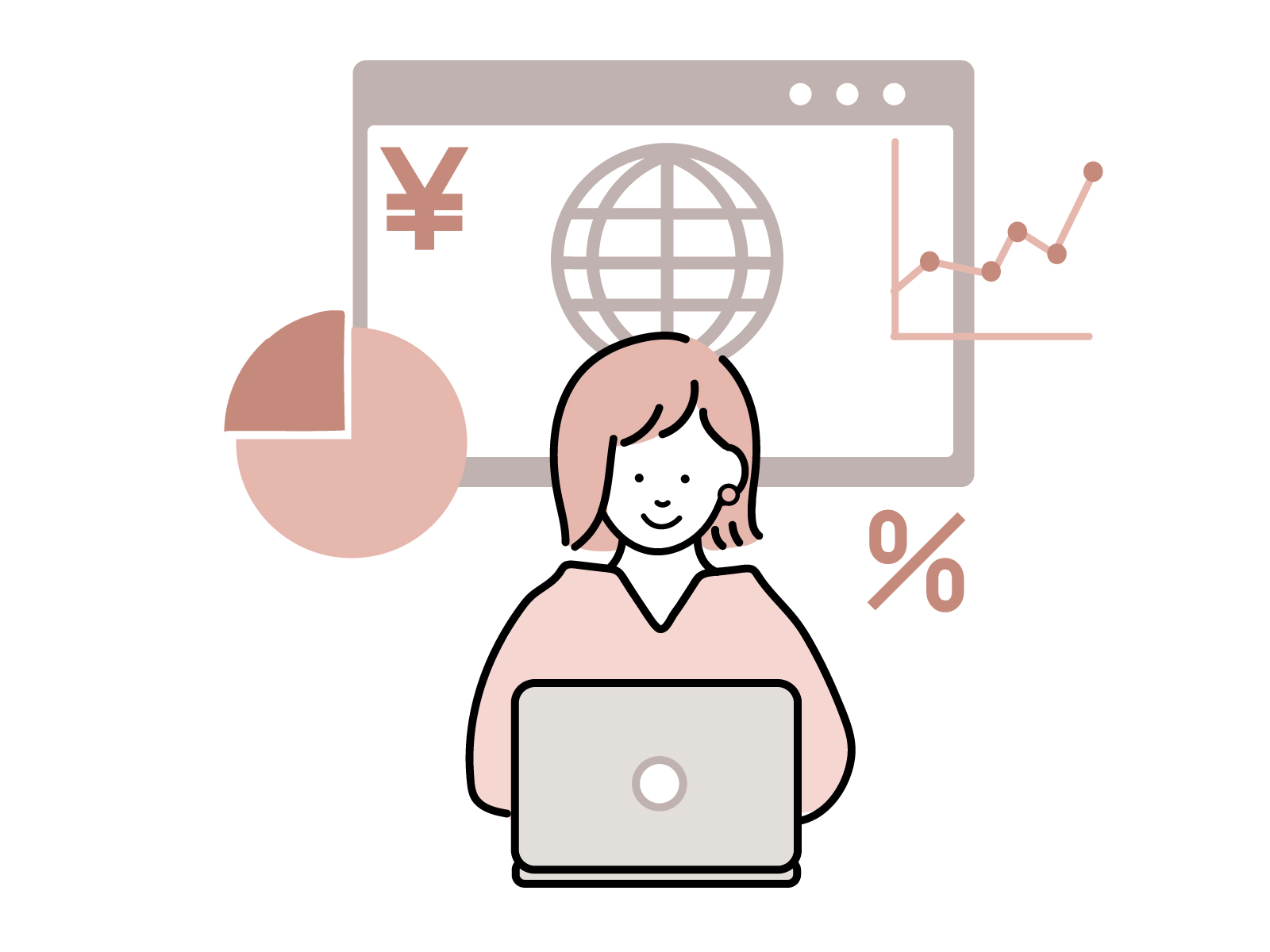 パソコンでマーケティングしている女性の絵