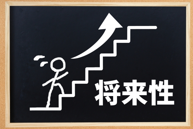 階段を登っていく人と将来性と書いてある絵