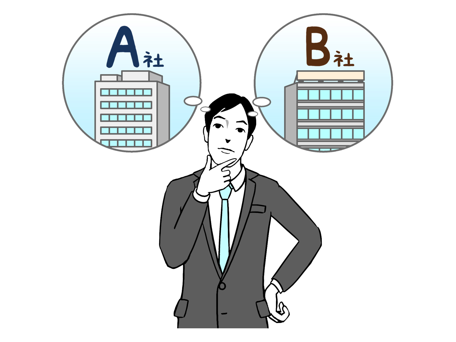 就職先をどちらにしようか考案している男性の絵