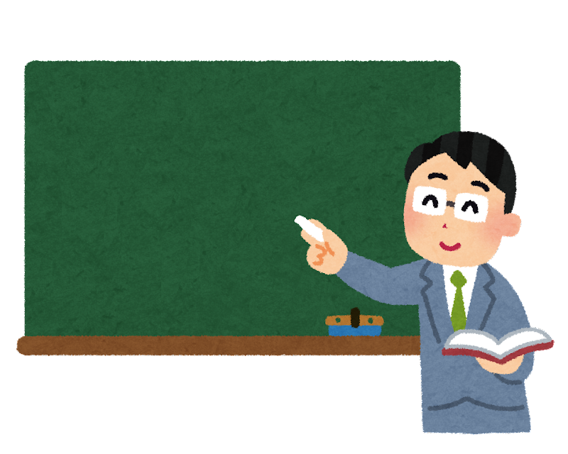 黒板の前でチョークを持って授業をしている先生の絵