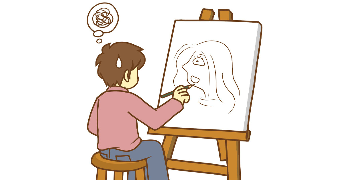 絵が下手な人が絵を描いている様子の絵