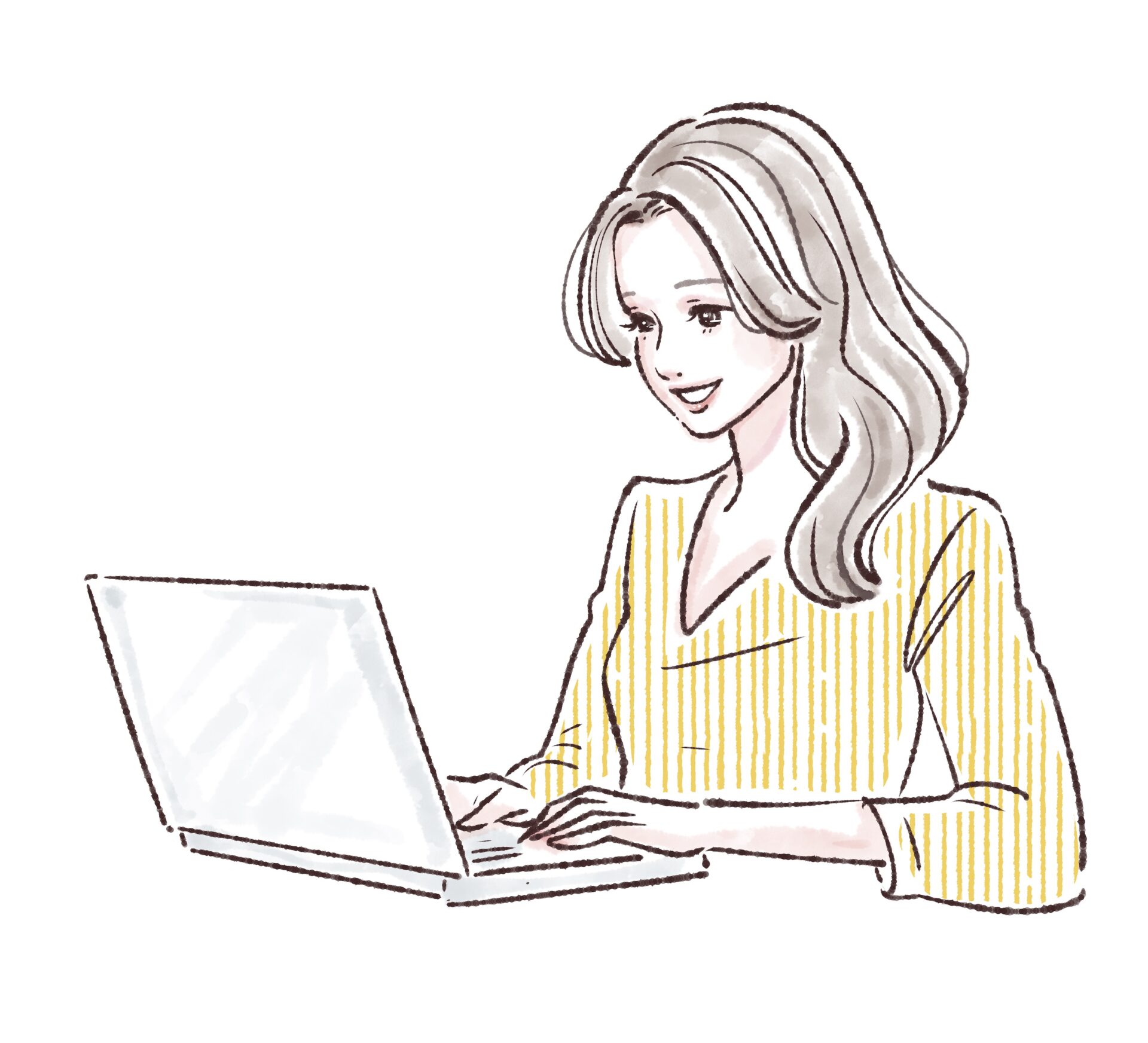 パソコンで仕事をしているフリーランスデザイナーの女性の絵