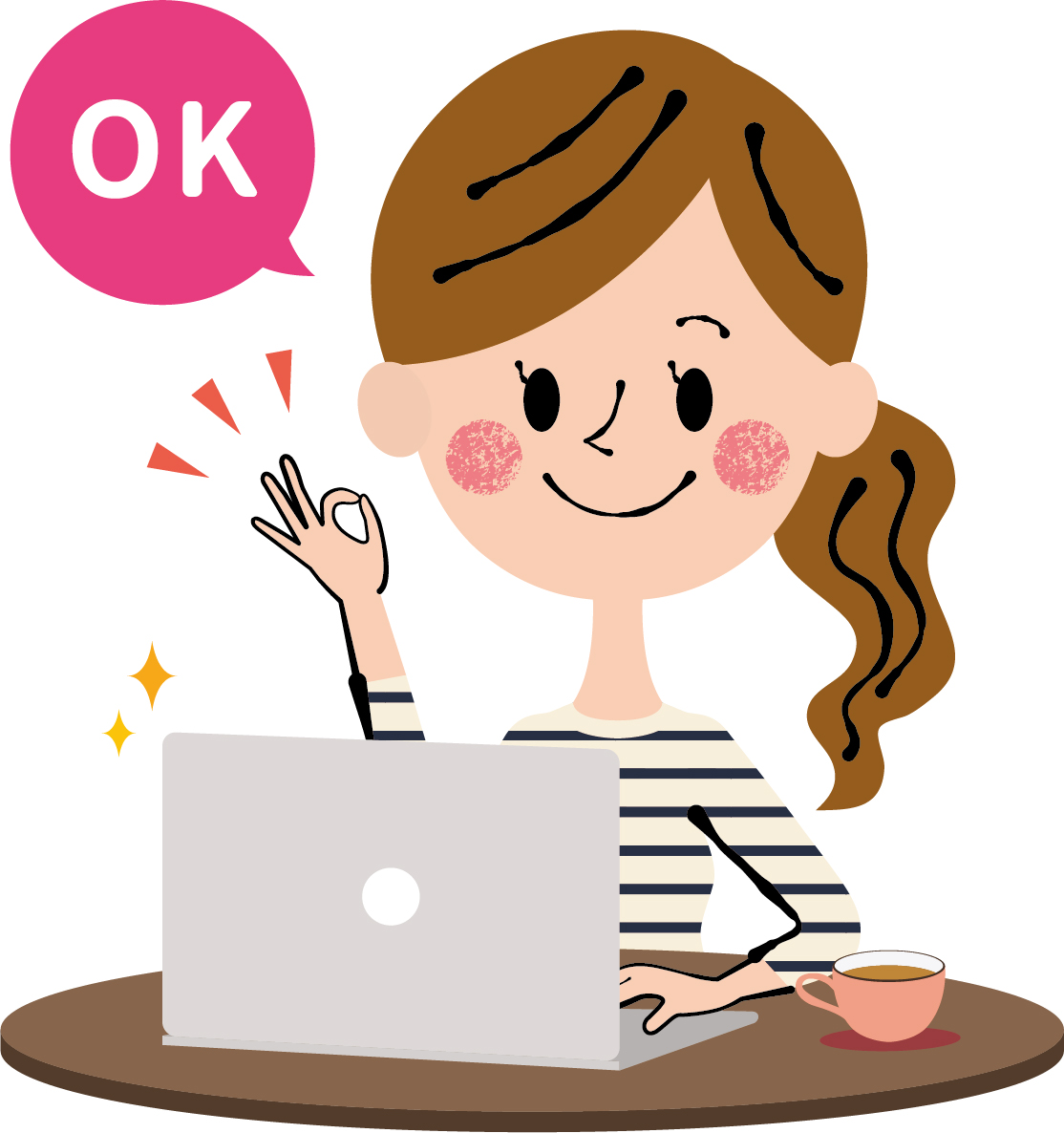 パソコンの前でOKサインを出している女性の絵