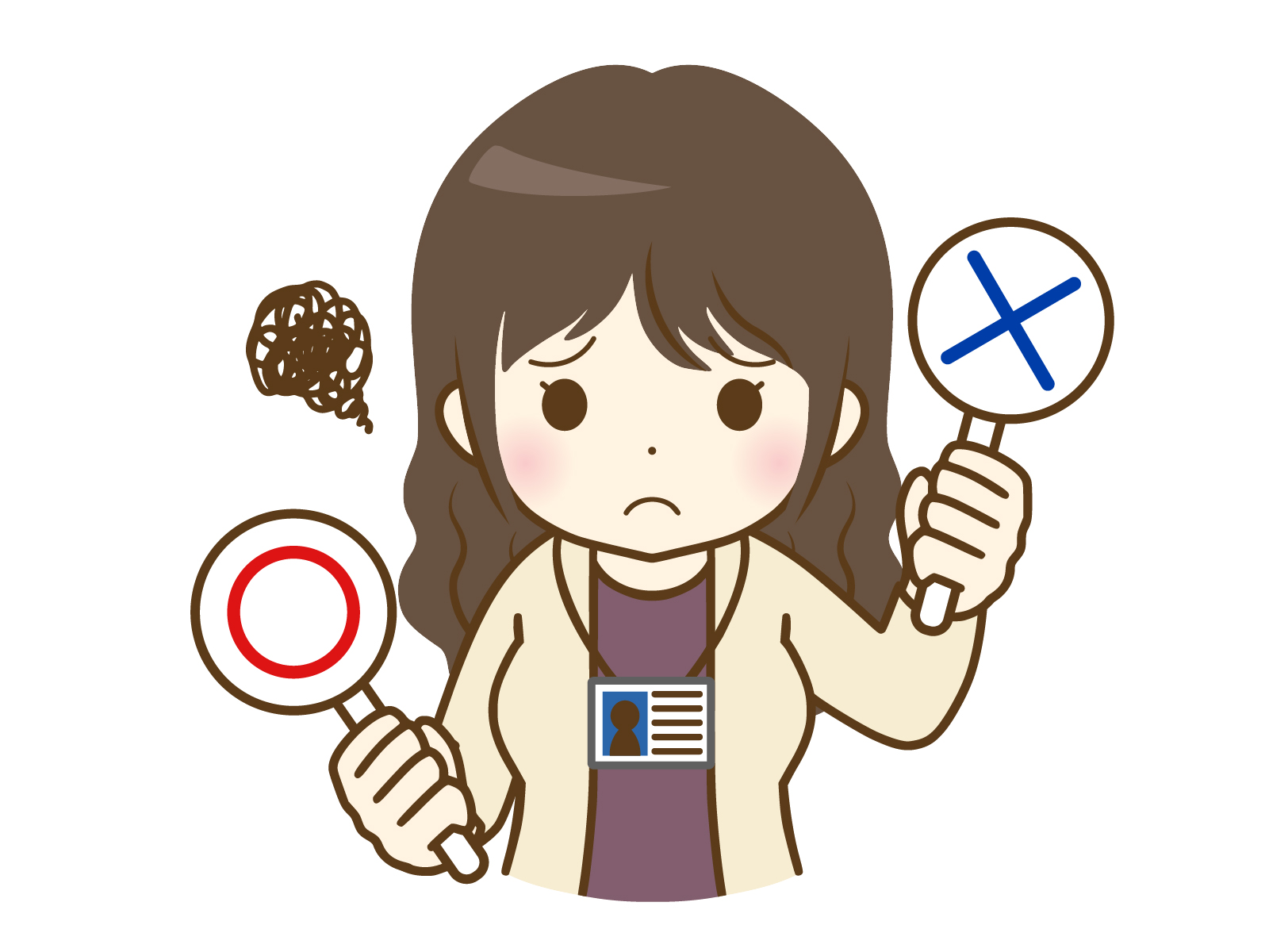 ✕マークを持つオフィスカジュアルな女性の絵