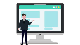 Webサイトを開いているパソコンの前にいる人間の絵