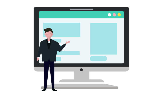 Webサイトを開いているパソコンの前にいる人間の絵