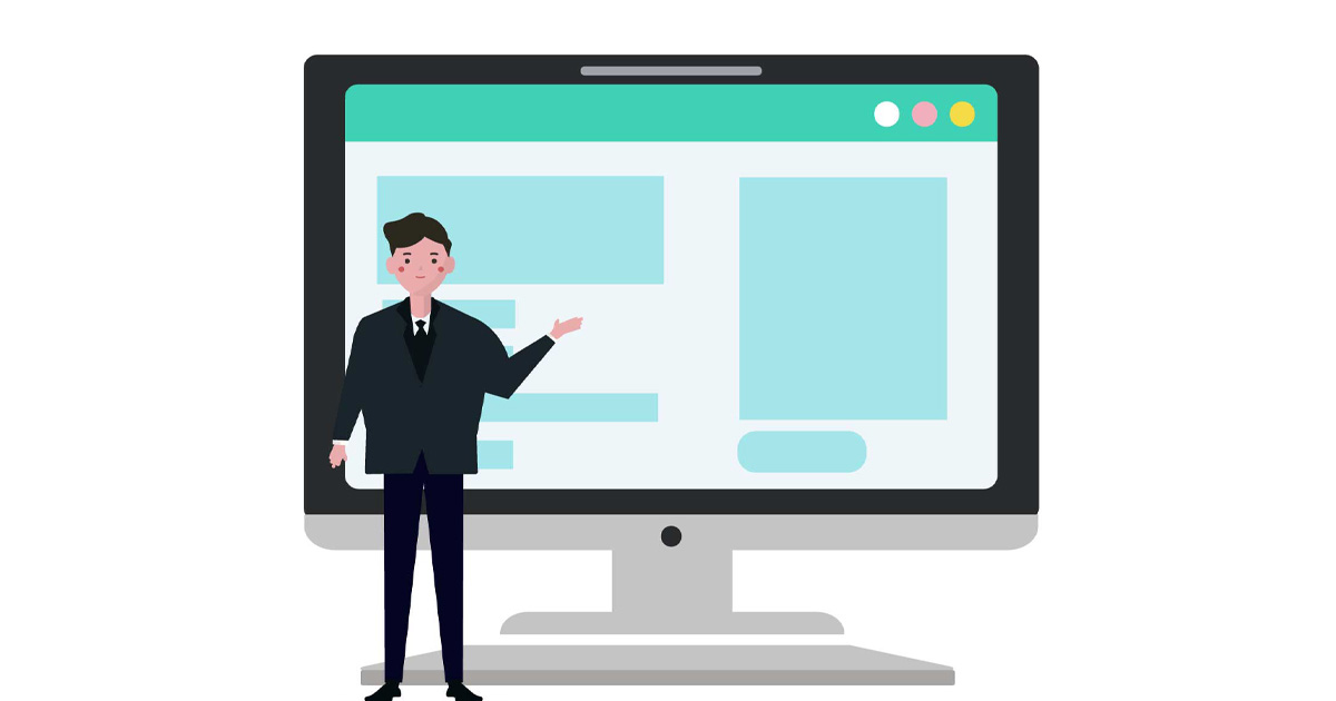 Webサイトを開いているパソコンの前にいる人間の絵